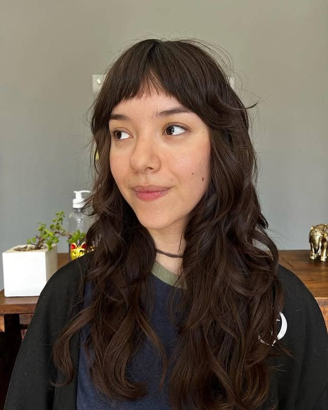 11. Long Curly Wolf Cut with Soft Micro Fringe in Dark Chocolate - Wolf Haircuts