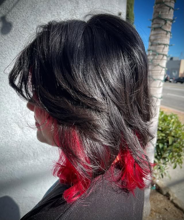 14. Black Wolf Cut with Vibrant Red Underlayers - Wolf Haircuts