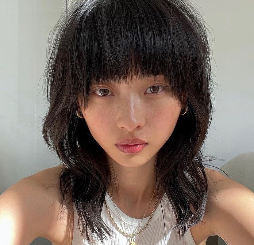 15. Textured Wolf Shag with Full Fringe in Midnight Brown - Wolf Haircuts