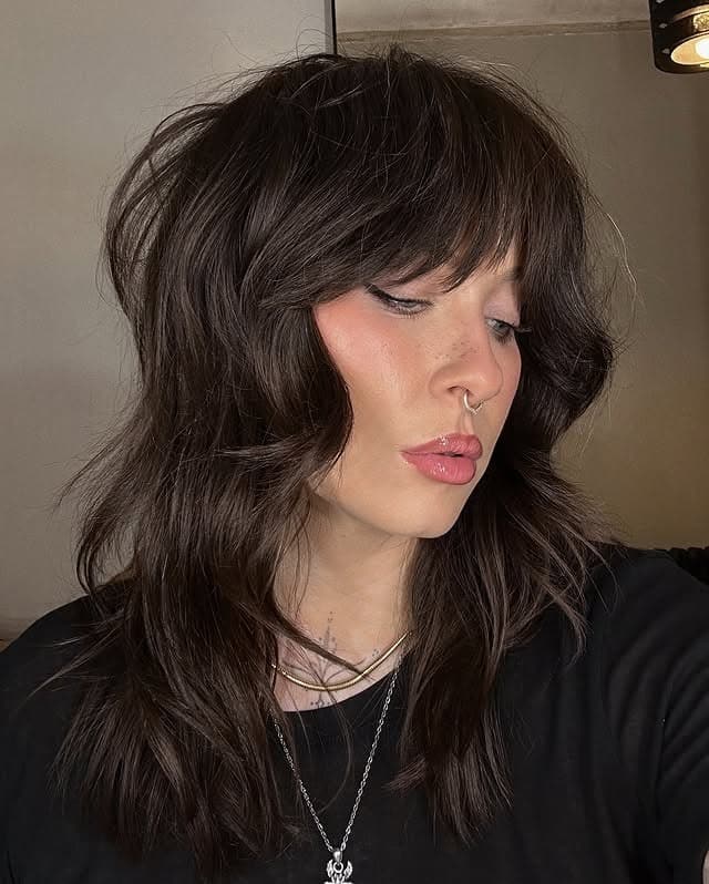 21. Classic Dark Chocolate Wolf Cut with Full Textured Fringe - Wolf Haircuts