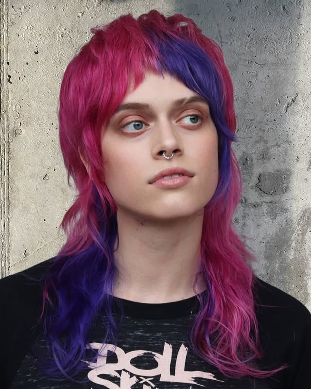 10. Vivid Magenta and Violet Dual-Tone Mullet - Shaggy Mullet Haircut