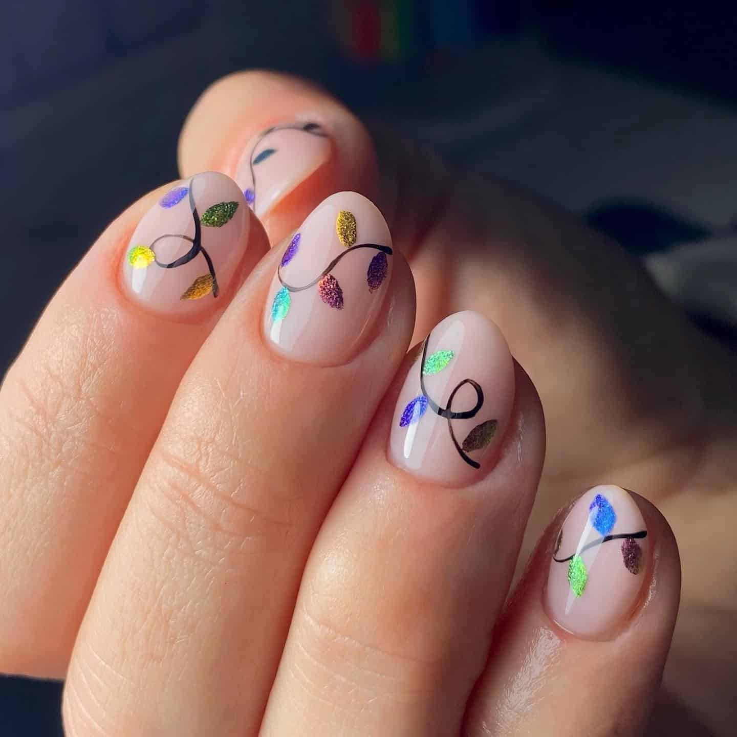 9. Micro-Shimmer Christmas Lights on Natural Short Nails - christmas lights nail ideas