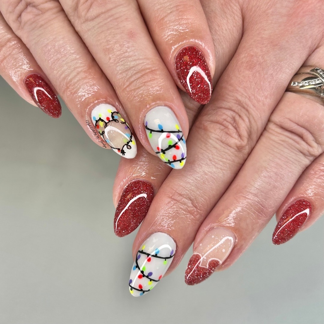 15. Red Glitter and Multicolor Lights on Almond Nails - christmas lights nail ideas