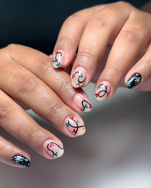 18. Classic Light Strings and Snowflakes on Neutral Nails - christmas lights nail ideas