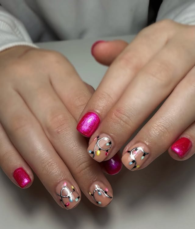 19. Shimmery Hot Pink and Mini Lights on Short Nails - christmas lights nail ideas