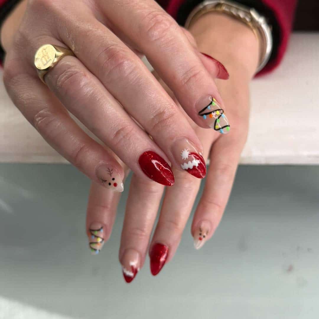 20. Red Glitter, Reindeer, and Christmas Lights Mix - christmas lights nail ideas