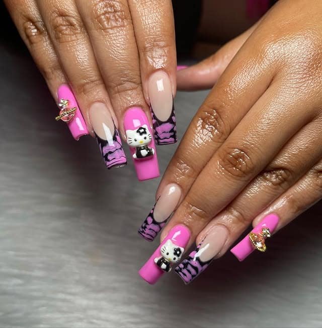 2. Pink Cartoon Curve Nails with Character Charms - curved nail ideas