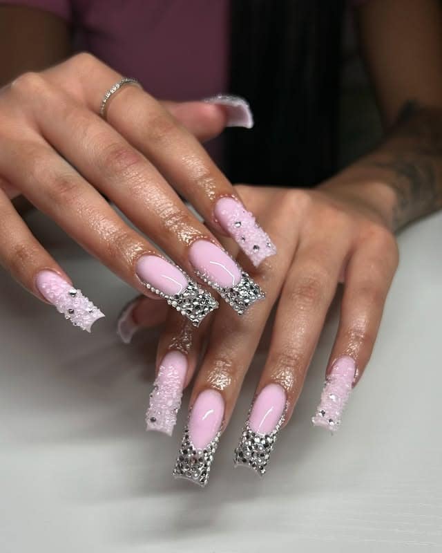 4. Pink Sugar-Texture Curved Nails with Crystal Bands - curved nail ideas