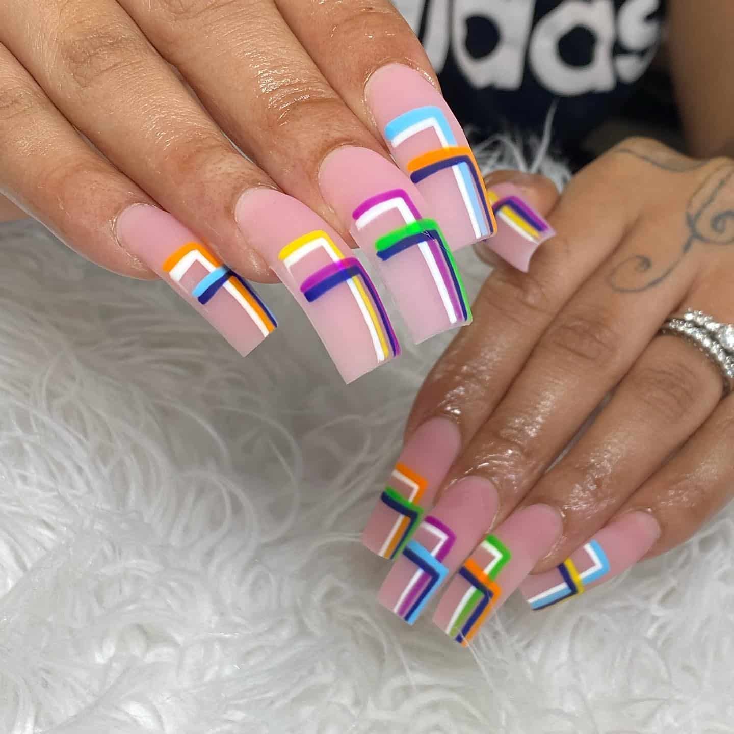 5. Neon Curve Block Art Nails - curved nail ideas