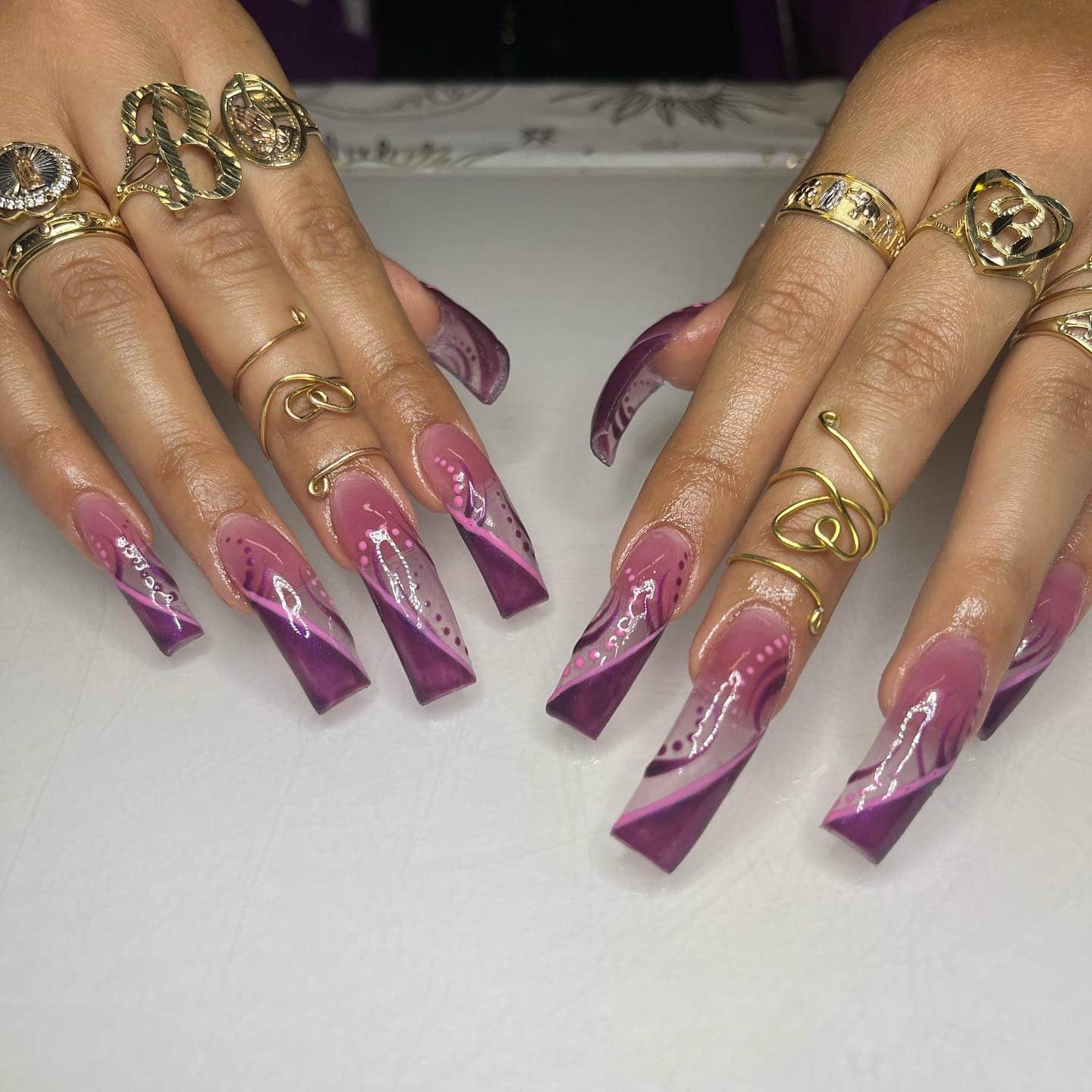 6. Purple Airbrush Curve French Nails - curved nail ideas