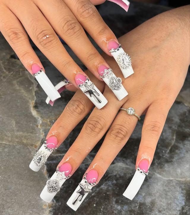 11. White Curve French Nails with Silver Charm Embellishments - curved nail ideas