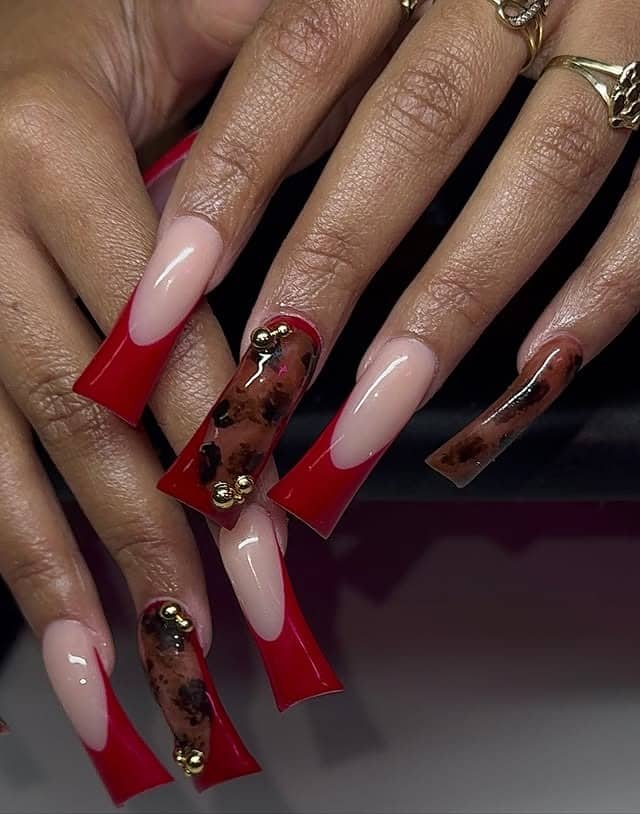 13. Red Curve French Nails with Tortoiseshell Accents - curved nail ideas