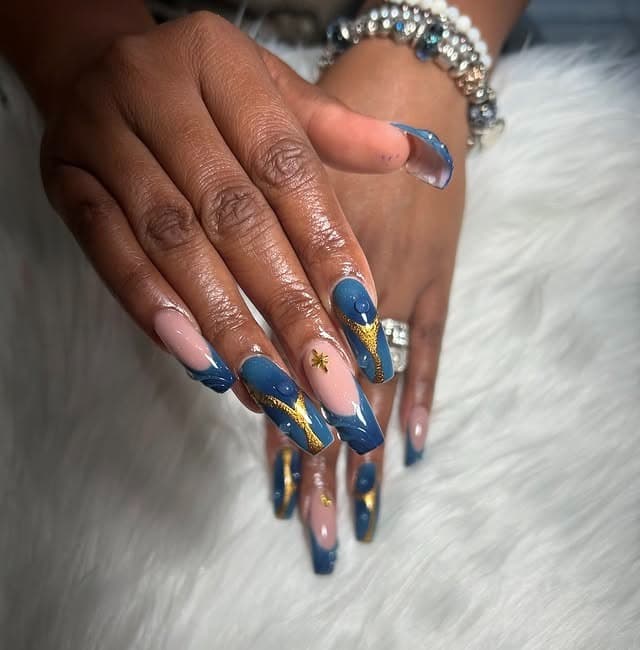 15. Navy and Gold Curved Edge Art Nails - curved nail ideas