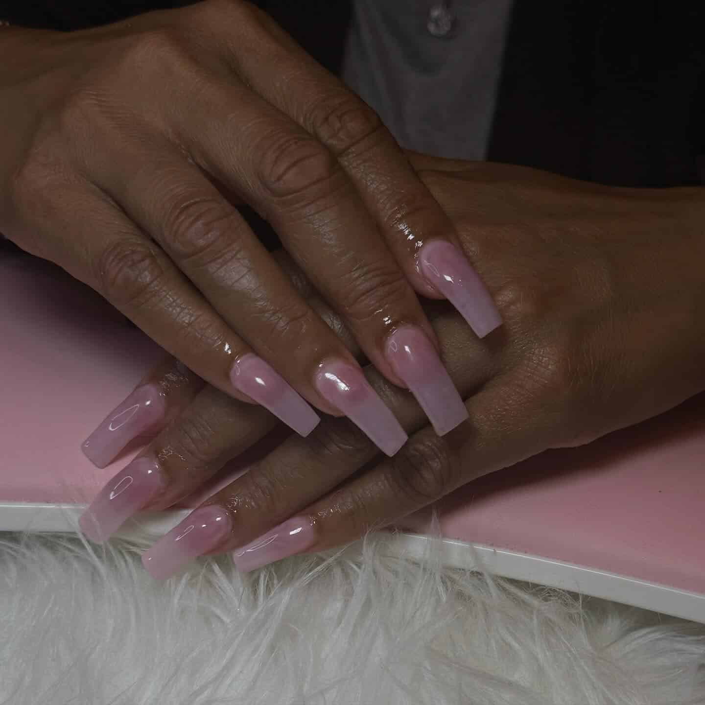 17. Soft Pink Curved Ombre Coffin Nails - curved nail ideas