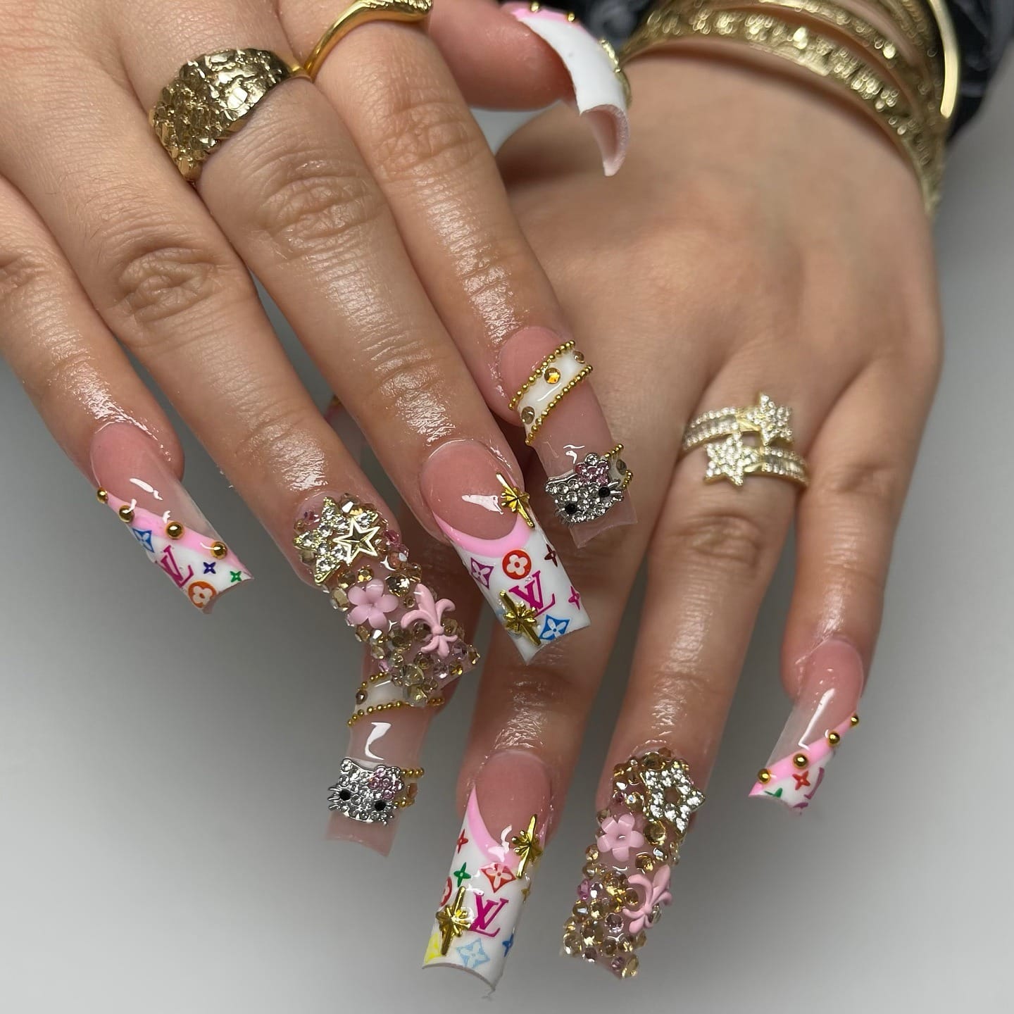 20. Pink Curve French Nails with Designer-Inspired Art and 3D Décor - curved nail ideas