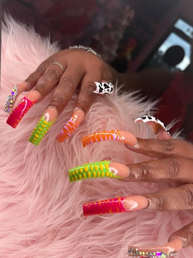 22. Curved Neon Reptile Nails with Mixed Animal Accents - curved nail ideas