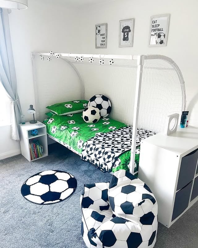 2. Goal-Post Bed with Lively Green Accents - football bedroom ideas