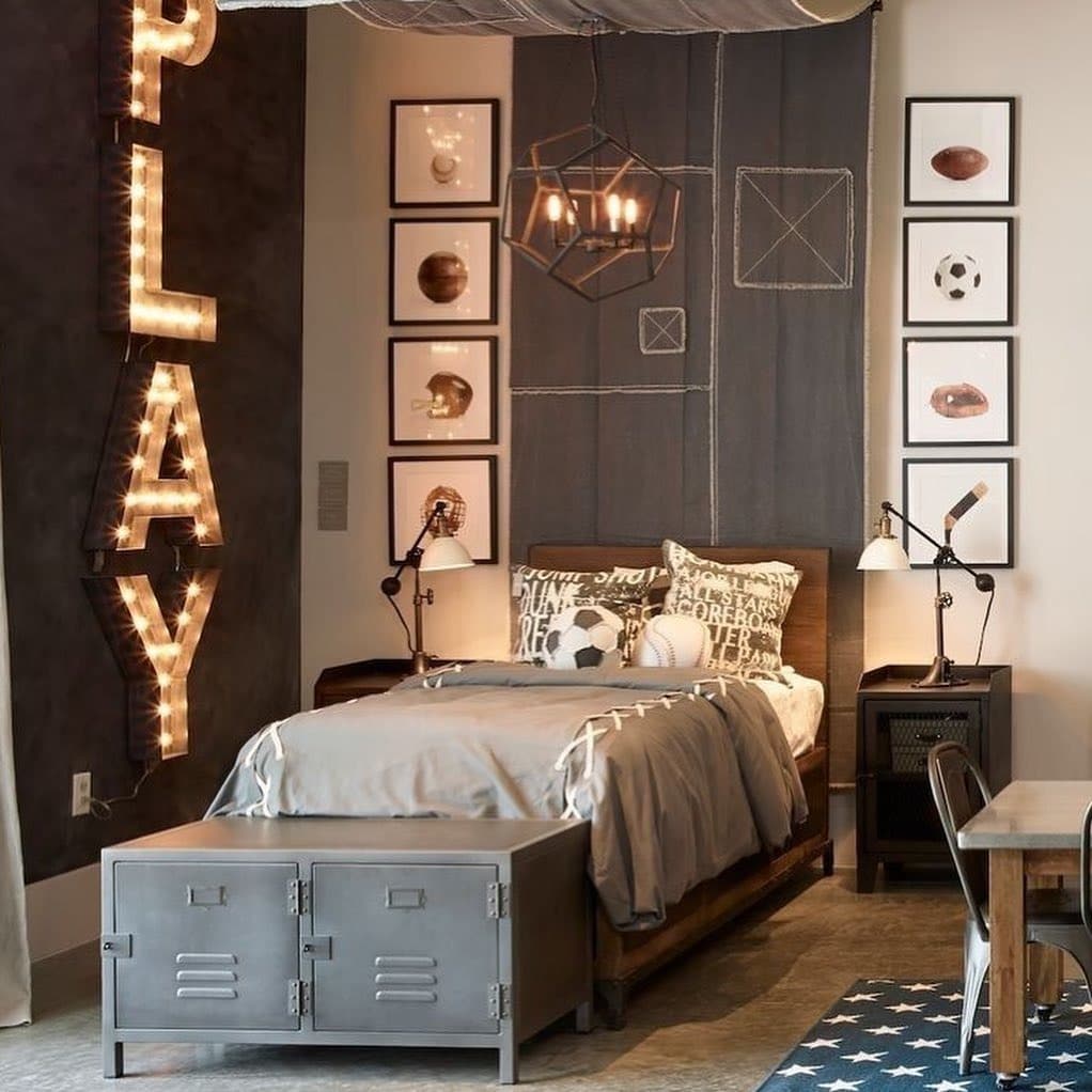 3. Industrial Sports Retreat with Warm Neutrals - football bedroom ideas