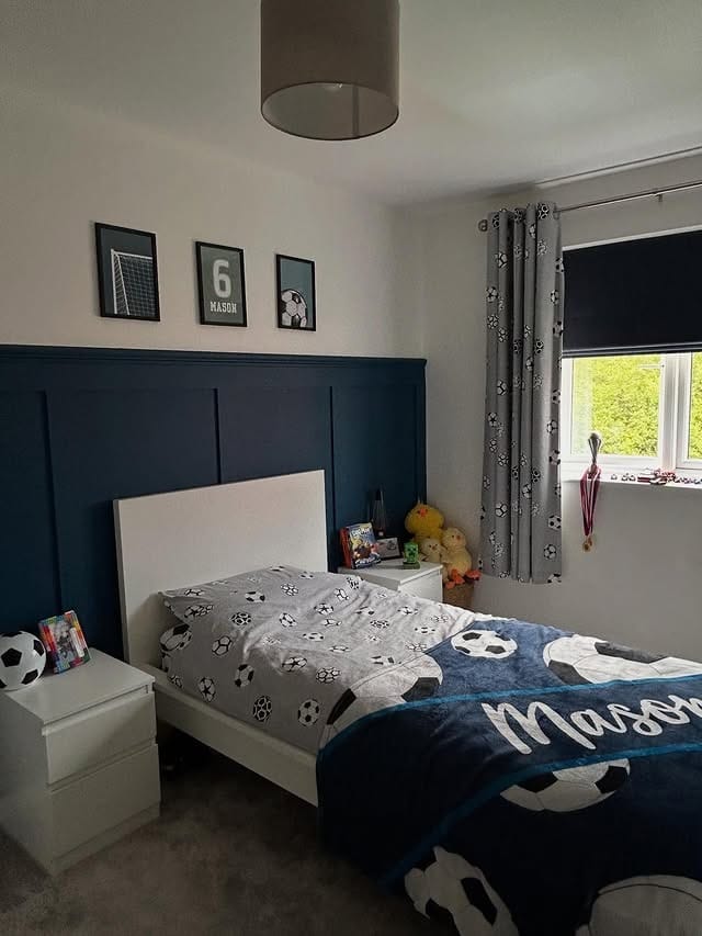 6. Navy Panel Wall with Simple Football Prints - football bedroom ideas