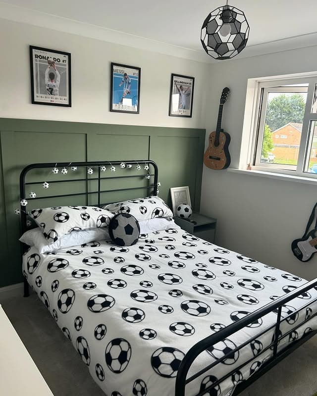 14. Sage Green Panel Wall with Monochrome Pattern - football bedroom ideas