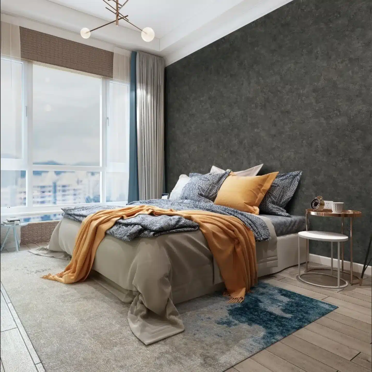 1. Warm Charcoal Comfort with Soft Amber Accents - grey wall bedroom ideas