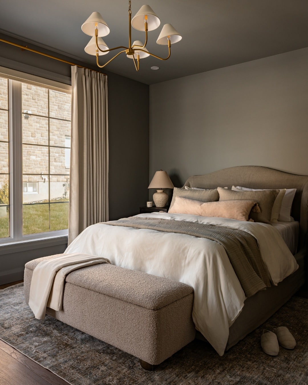 4. Muted Greige Elegance with Layered Neutrals - grey wall bedroom ideas