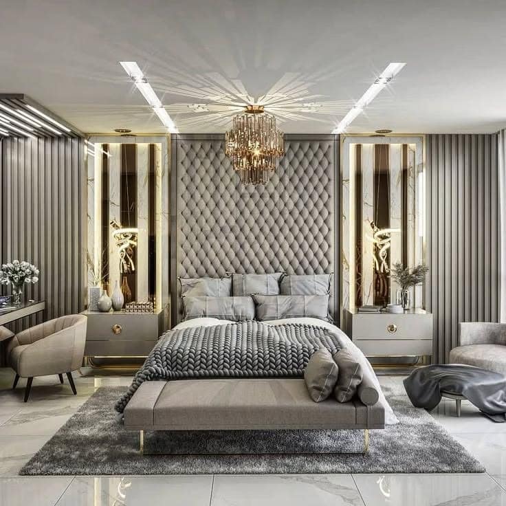 12. Platinum Quilted Glamour with Golden Details - grey wall bedroom ideas