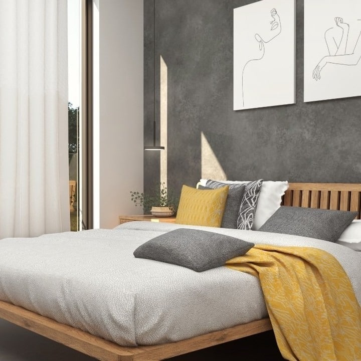 13. Charcoal Concrete Contrast with Yellow Accents - grey wall bedroom ideas