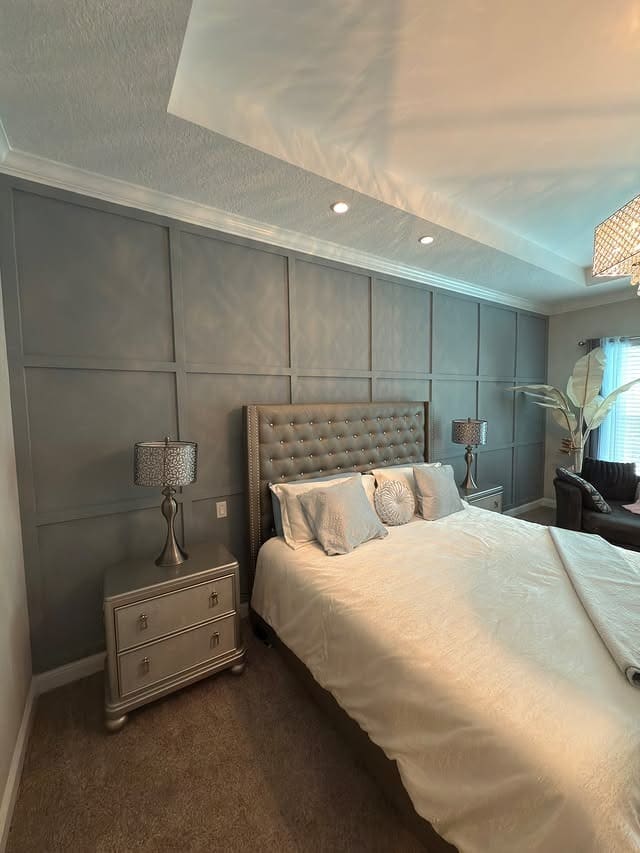 19. Soft Panelled Grey with Metallic Details - grey wall bedroom ideas