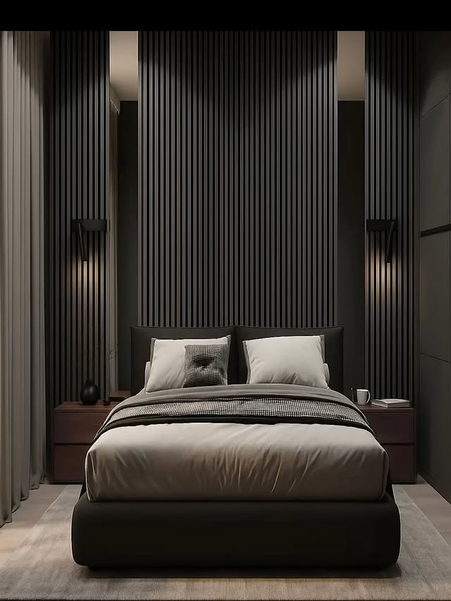 20. Deep Graphite Vertical Slats with Soft Neutral Bedding - grey wall bedroom ideas