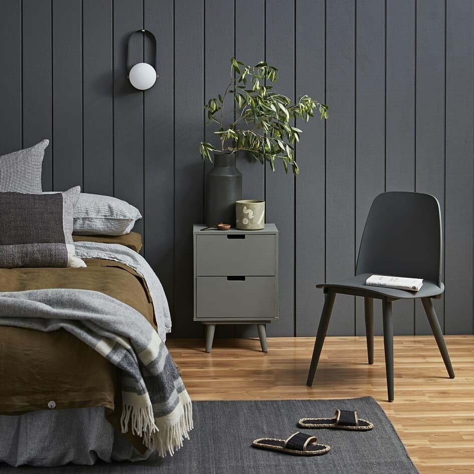 21. Deep Graphite Paneling with Earthy Linen Layers - grey wall bedroom ideas