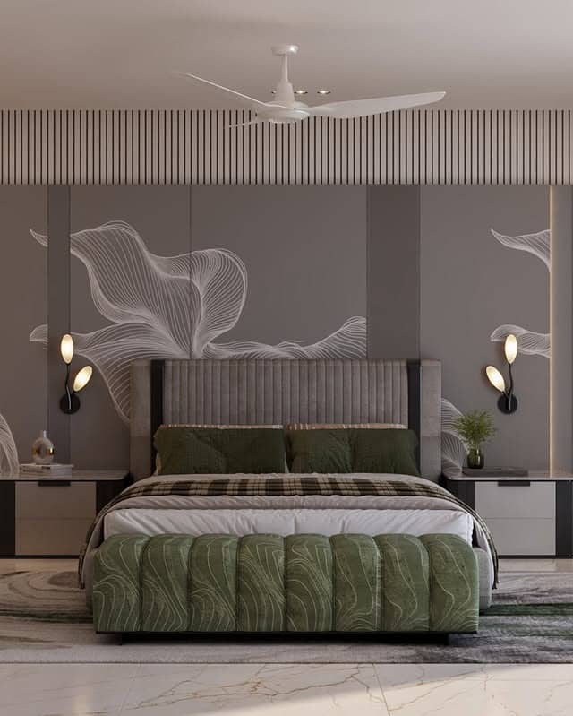 22. Soft Grey Floral Panels with Moss Green Accents - grey wall bedroom ideas