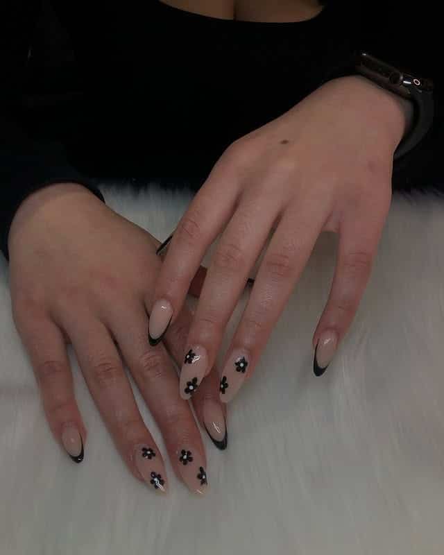 3. Nude Almond French with Black Floral Accents - cute french nail ideas
