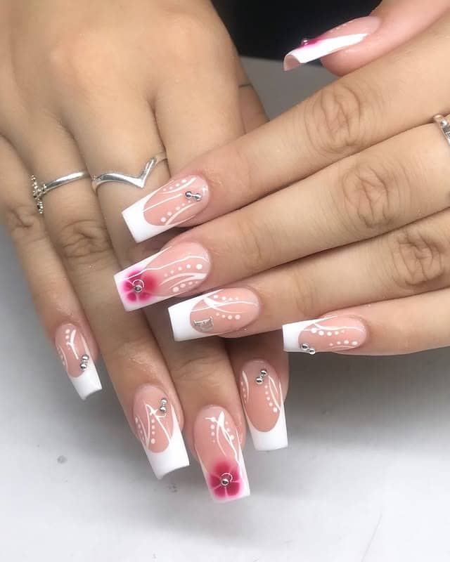 6. Square White French Tips with Pink Floral Centerpieces - cute french nail ideas