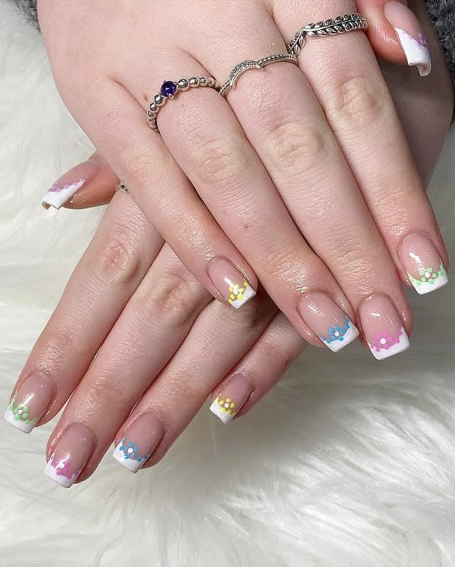 7. Color-Tipped Mini French with Pastel Flowers - cute french nail ideas
