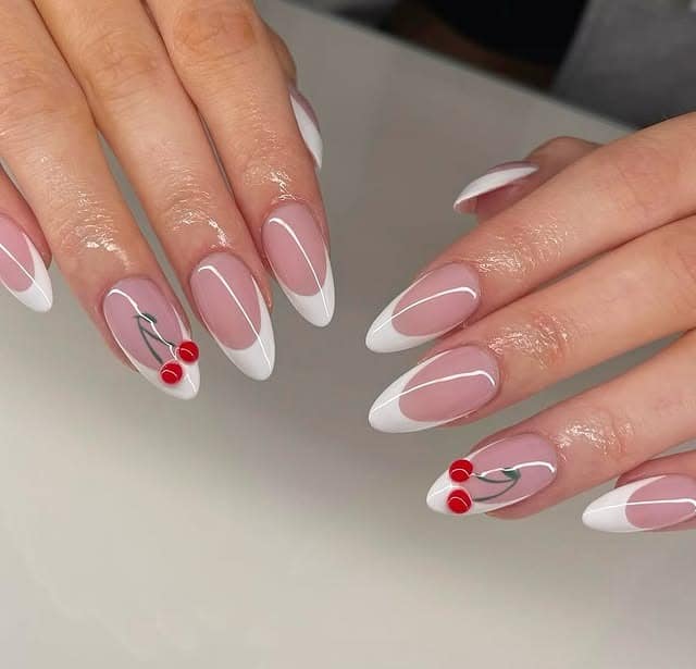 8. White Almond French with Cherry Detail Art - cute french nail ideas