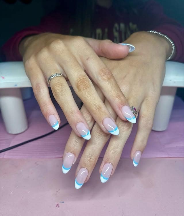 9. Blue-Edged Almond French Tips - cute french nail ideas