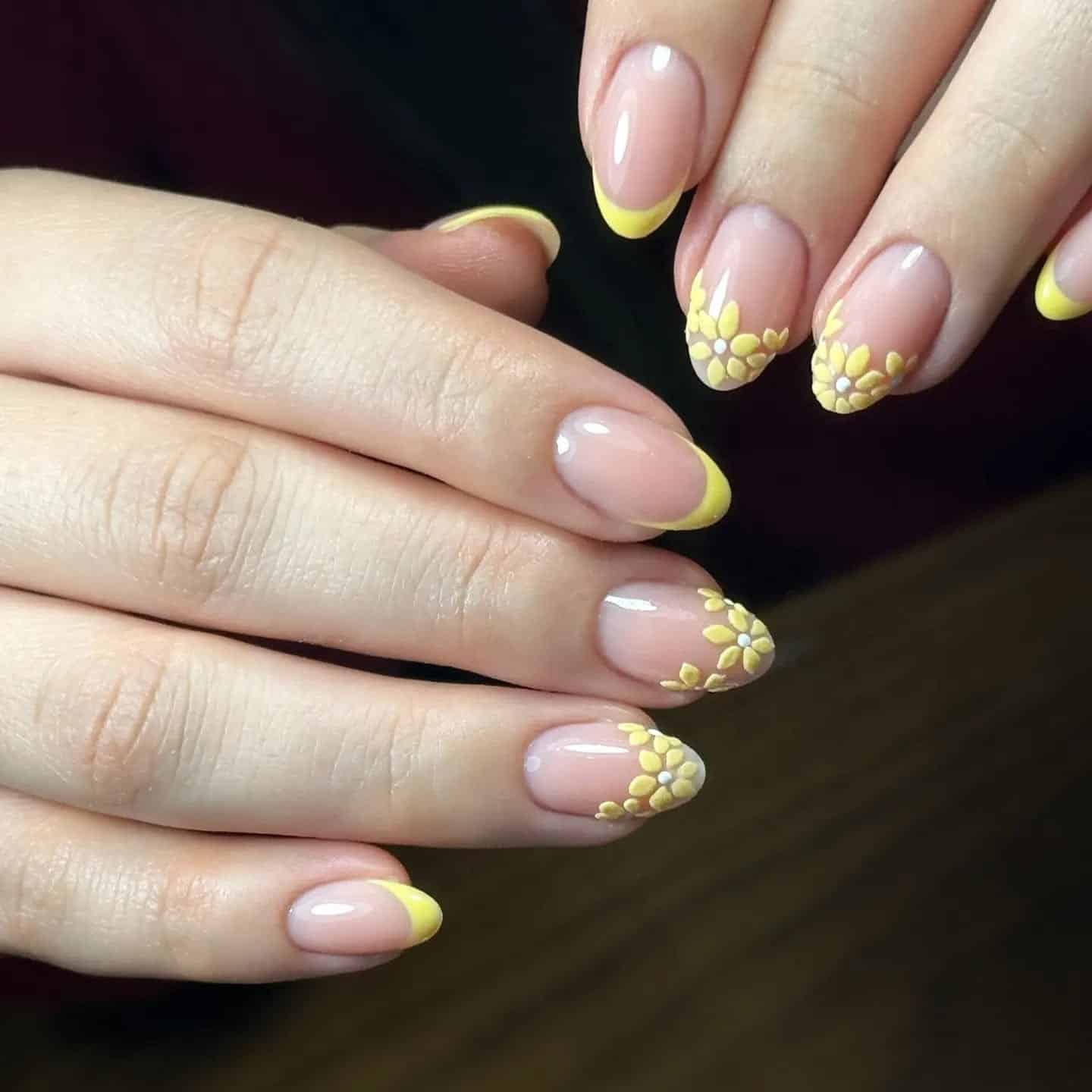 20. Yellow French Almond Tips with Floral Detailing - cute french nail ideas