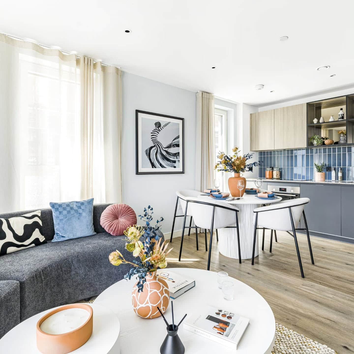 2. Soft Blue Modern Lounge with Textured Neutrals - open lounge kitchen ideas