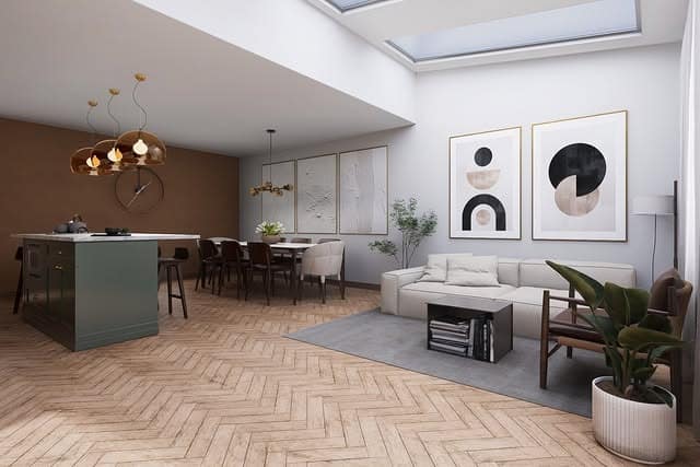 10. Earth-Toned Open Kitchen with Modern Graphic Art - open lounge kitchen ideas