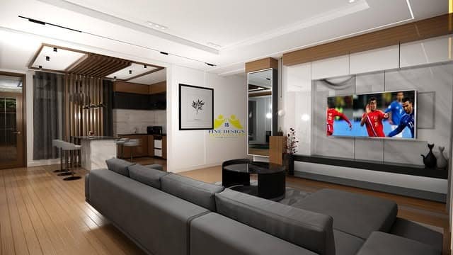 12. Modern White and Walnut Open Entertaining Space - open lounge kitchen ideas