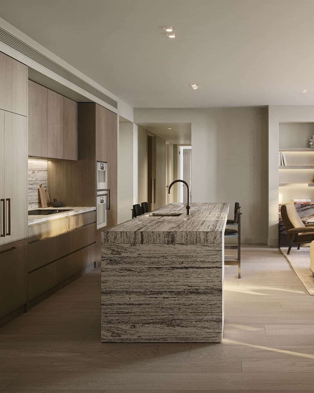 14. Natural Stone Island with Taupe Cabinetry - open lounge kitchen ideas