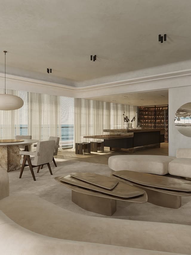 16. Soft Sand Palette with Sculptural Furnishings - open lounge kitchen ideas