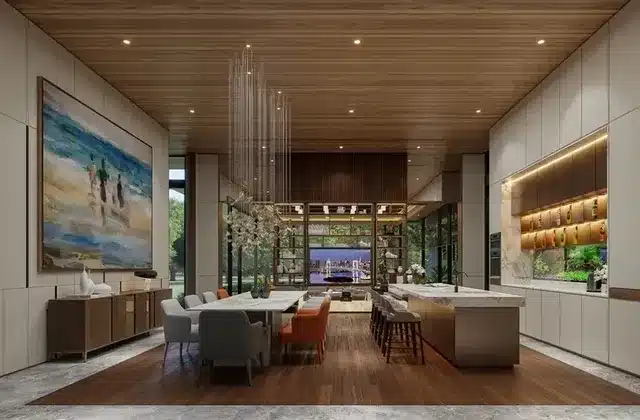 21. Warm Wood Luxury Gallery Kitchen with Soft Neutrals - open lounge kitchen ideas