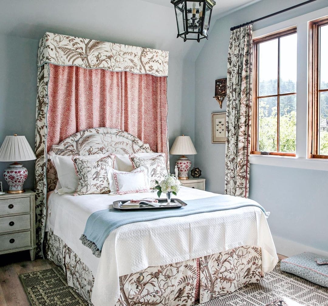 9. Coral Toile Elegance with Soft Blue Walls - coral bedroom ideas