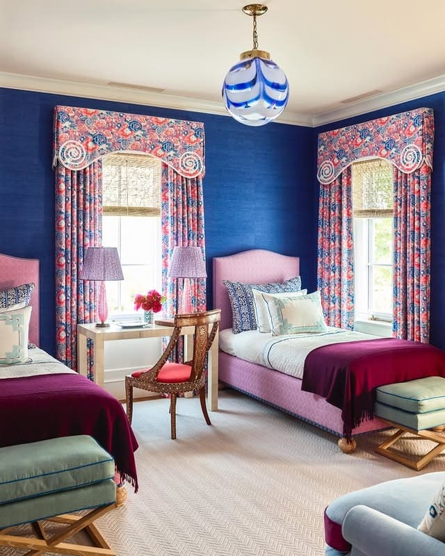 10. Vibrant Coral and Blue Twin Bedroom Design - coral bedroom ideas