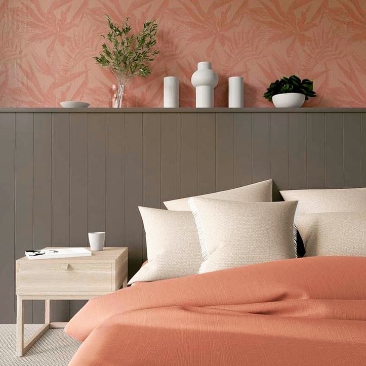 16. Coral Botanical Wallpaper with Warm Earth Tones - coral bedroom ideas