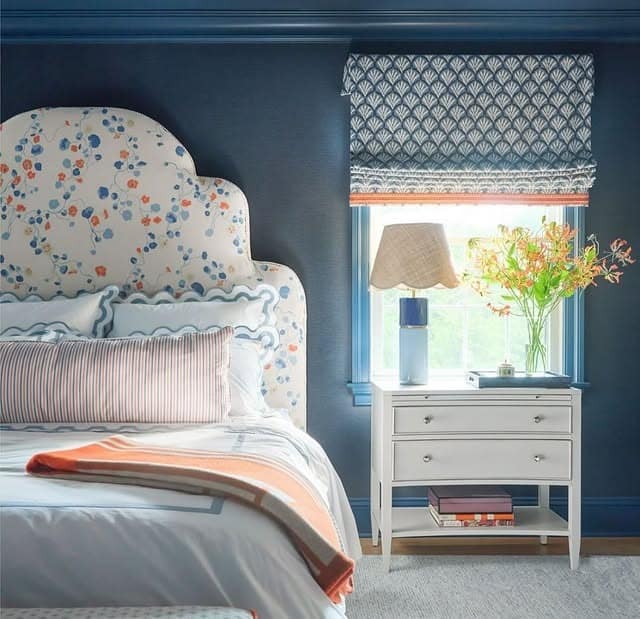 18. Navy and Coral Pattern Play - coral bedroom ideas