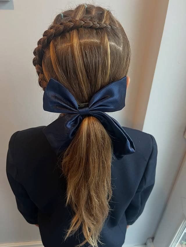 5. Braided Crown Ponytail with Navy Bow - Simple Hairstyles