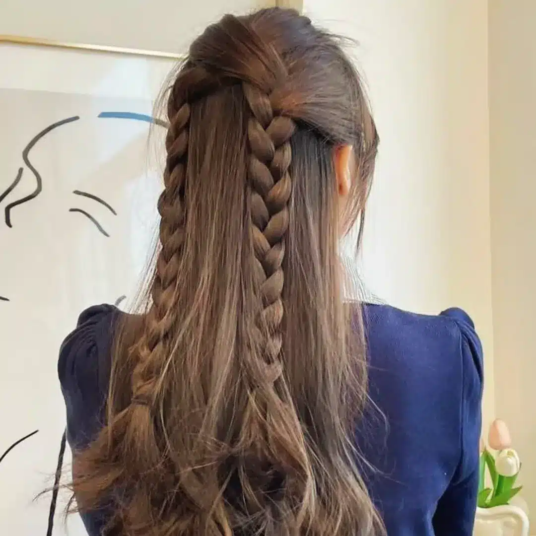 13. Half-Up Braided Trio in Warm Brown - Simple Hairstyles